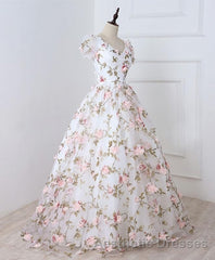 White V Neck 3D Flowers Long Evening Prom Dresses, White Evening Prom Dresses