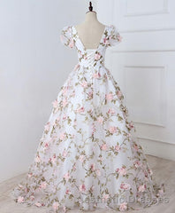 White V Neck 3D Flowers Long Evening Prom Dresses, White Evening Prom Dresses