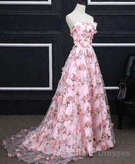 Pink Tulle 3D Flowers Long Evening Prom Dresses, Pink Evening Prom Dresses