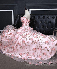 Pink Tulle 3D Flowers Long Evening Prom Dresses, Pink Evening Prom Dresses