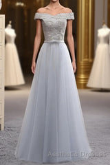 A Line Lace Tulle Off Shoulder Long Evening Prom Dresses, Evening Prom Dresses