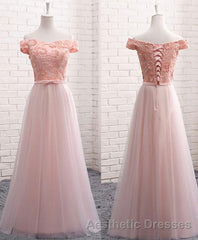A Line Lace Tulle Off Shoulder Long Evening Prom Dresses, Evening Prom Dresses