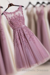 Cute Pink Lace Tulle Short Evening Prom Dresses, Pink Evening Prom Dresses