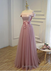 Pink A Line Off Shoulder Floor Length Evening Prom Dresses, Lace Evening Prom Dresses