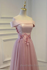 Pink A Line Off Shoulder Floor Length Evening Prom Dresses, Lace Evening Prom Dresses