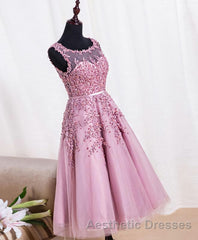 Cute Pink Lace Tulle Short Evening Prom Dresses, Pink Evening Prom Dresses