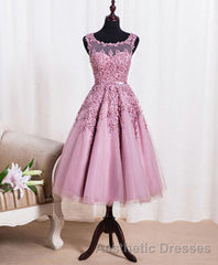 Cute Pink Lace Tulle Short Evening Prom Dresses, Pink Evening Prom Dresses