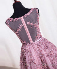 Cute Pink Lace Tulle Short Evening Prom Dresses, Pink Evening Prom Dresses