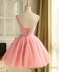 Cute A Line Pink Tulle Pearl Short Evening Prom Dresses, Homecoming Dresses