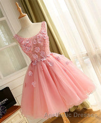 Cute A Line Pink Tulle Pearl Short Evening Prom Dresses, Homecoming Dresses