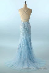 Blue Spaghetti Straps Backless Appliques Evening Prom Dresses