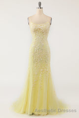 Blue Spaghetti Straps Backless Appliques Evening Prom Dresses