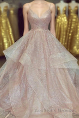 A Line Rose Gold Pleated Bodice Ruffled Long Evening Prom Dresses