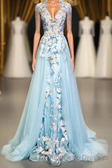 Modest Square Neckline Beading Appliques Sky Blue Long Evening Prom Dresses Pageant Gown