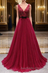 Elegant A-line V-neck Long Evening Prom Dresses Tulle Appliques Beaded Formal Dresses
