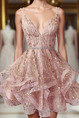 Cute Sequins Pink Homecoming Dresses V-neck Beaded Short Evening Prom Dresses