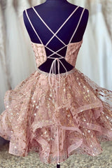Cute Sequins Pink Homecoming Dresses V-neck Beaded Short Evening Prom Dresses