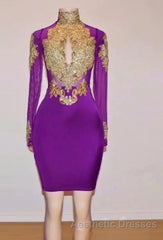 Unique Evening Prom Dresses, Long Sleeve High Neck Beaded Split Evening Prom Dresses