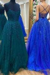 Cute Tulle Lace Long Evening Prom Dresses, A-Line Backless Evening Prom Dresses