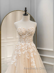 Cute Tulle Sweetheart Long Party Dresses with Lace, Beautiful A-Line Evening Prom Dresses