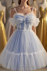 Cute Spaghetti Strap Lace Short Party Dresses, A-Line Evening Prom Dresses
