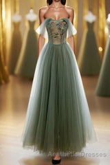 A-Line Green Tulle Long Evening Prom Dresses, Off the Shoulder Evening Prom Party Dresses