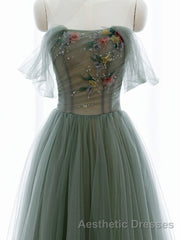A-Line Green Tulle Long Evening Prom Dresses, Off the Shoulder Evening Prom Party Dresses