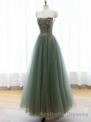 A-Line Green Tulle Long Evening Prom Dresses, Off the Shoulder Evening Prom Party Dresses