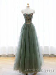A-Line Green Tulle Long Evening Prom Dresses, Off the Shoulder Evening Prom Party Dresses