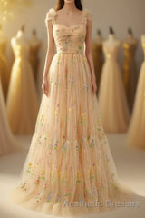 Champagne Lovely Tulle Lace Long Evening Prom Dresses, Champagne Evening Prom Dresses