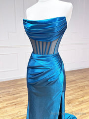 Blue Strapless Pleated Long Prom Dress, Blue Satin Party Dress