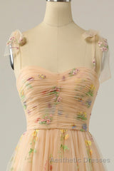 Champagne Lovely Tulle Lace Long Evening Prom Dresses, Champagne Evening Prom Dresses