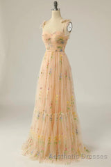 Champagne Lovely Tulle Lace Long Evening Prom Dresses, Champagne Evening Prom Dresses