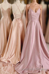 Simple V-Neck Satin Long Evening Prom Dresses, A-Line Backless Evening Prom Dresses