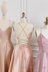 Simple V-Neck Satin Long Evening Prom Dresses, A-Line Backless Evening Prom Dresses