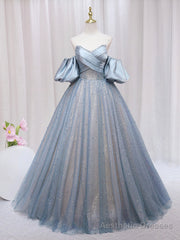 Blue Puff Sleeve Long A-Line Prom Dress, Off the Shoulder Formal Evening Dress