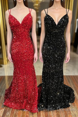 Mermaid Sequins Long Evening Prom Dresses, Spaghetti Strap Backless Evening Prom Party Dresses