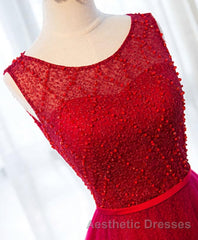 A Line Round Neck Tulle Long Evening Prom Dresses, Lace Evening Prom Dresses