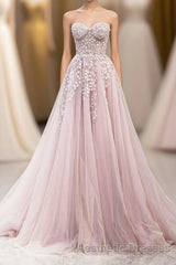 Cute Tulle Sweetheart Long Party Dresses with Lace, Beautiful A-Line Evening Prom Dresses