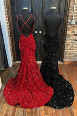 Mermaid Sequins Long Evening Prom Dresses, Spaghetti Strap Backless Evening Prom Party Dresses
