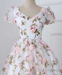 White V Neck 3D Flowers Long Evening Prom Dresses, White Evening Prom Dresses