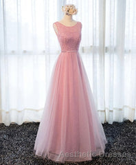 A Line Round Neck Tulle Long Evening Prom Dresses, Lace Evening Prom Dresses