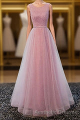 A Line Round Neck Tulle Long Evening Prom Dresses, Lace Evening Prom Dresses