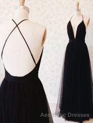 Simple A-line V Neck Navy Blue Long Evening Prom Dresses