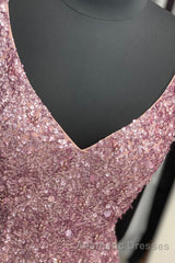 Gorgeous Mermaid V-Neck Pearl Pink Long Evening Prom Dresses with Slit