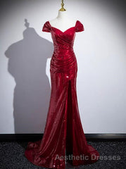 Dark Red Sequins Mermaid Sweetheart Evening Prom Dresses, Dark Red Evening Dresses