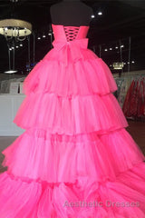 Elegant Strapless Layered Hot Pink Long Evening Prom Dresses with Slit