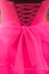 Elegant Strapless Layered Hot Pink Long Evening Prom Dresses with Slit