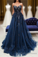 Navy Blue Tulle With Lace Sweetheart Long Formal Dresses, Blue Long Evening Prom Dresses