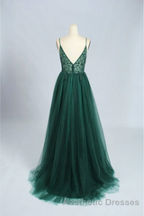 Green V-Neckline Beaded Tulle Floor Length Party Dresses, A-Line Green Evening Prom Dresses